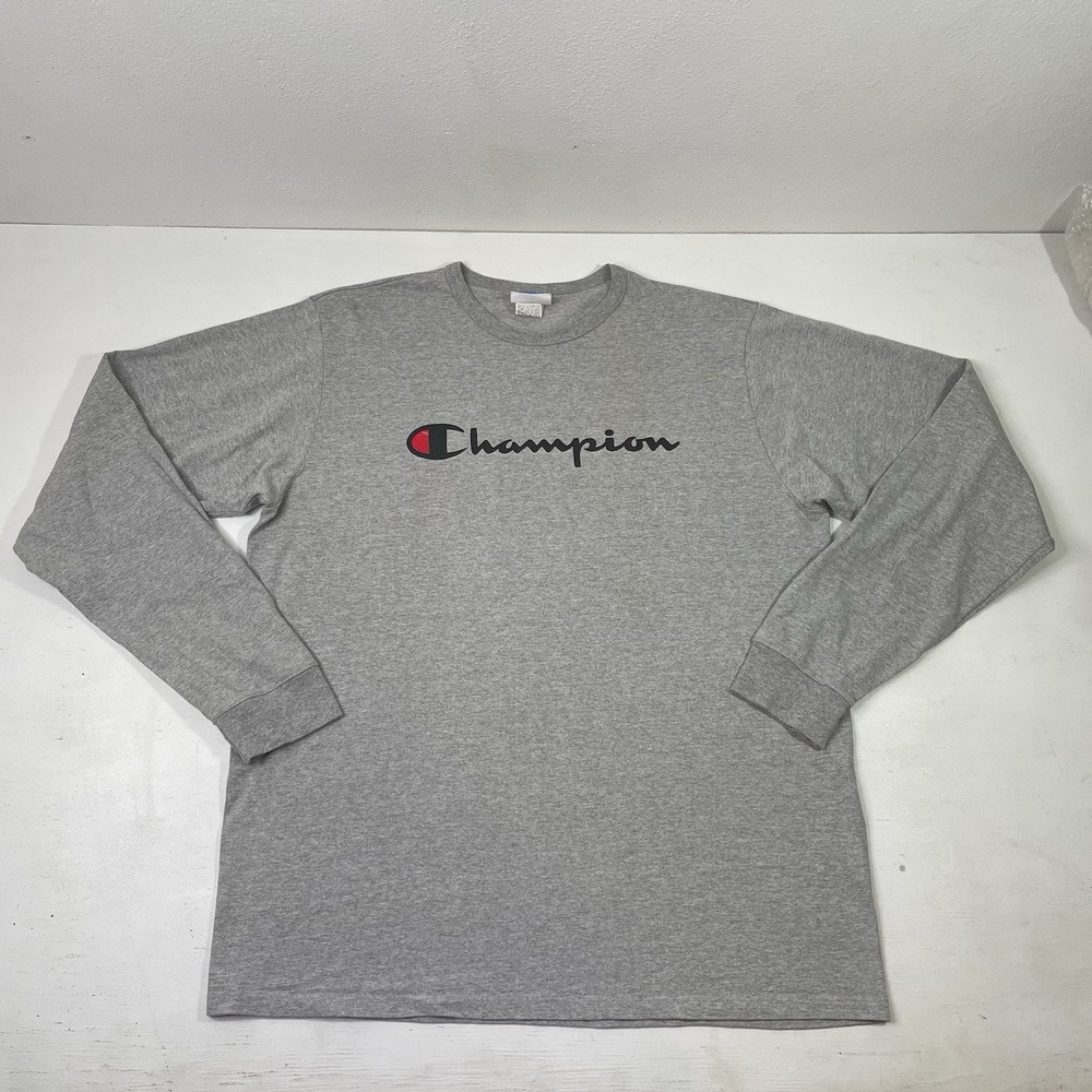 90s Champion Large Logo Long Sleeve Tshirt Mens 2XL Gray Y2K Crewneck